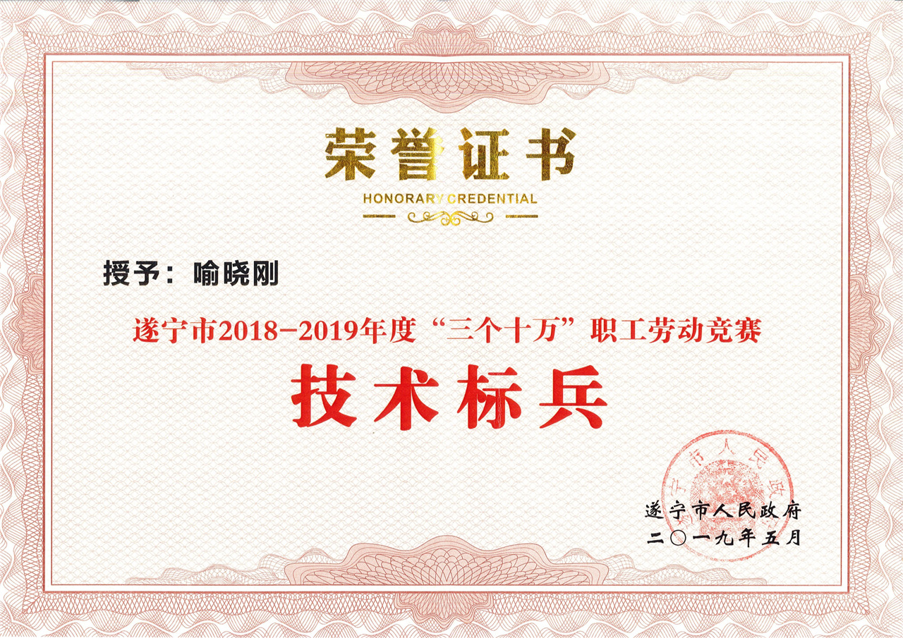 喻晓刚：遂宁市2018-2019年度“三个十万”职工劳动竞赛技术标兵