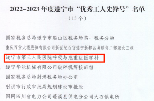 我院呼吸与危重症医学科荣获遂宁市“优秀工人先锋号”！